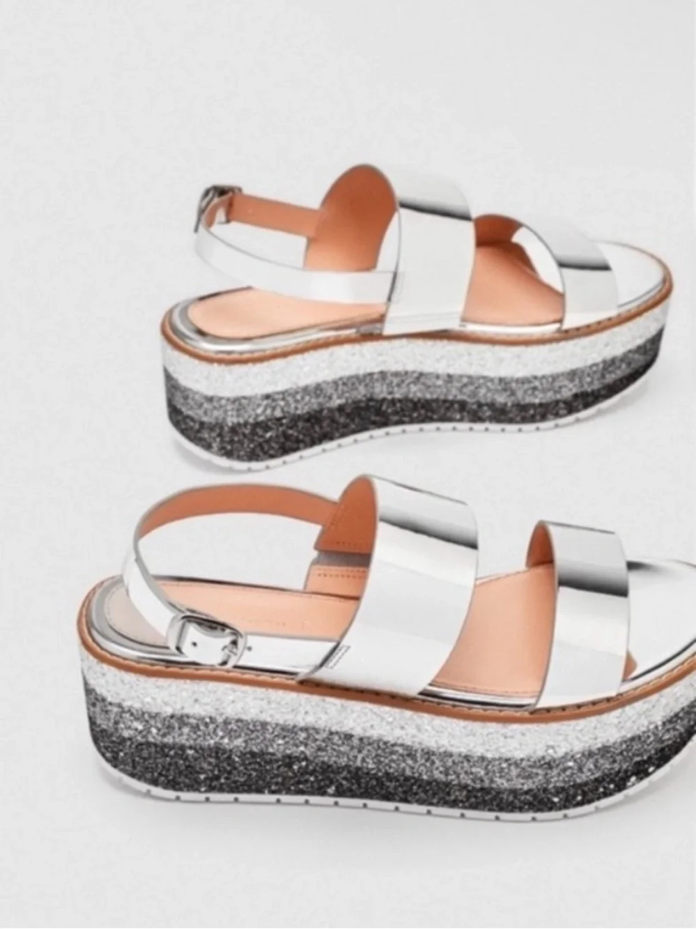 Zara Metallic Silver Platform Sandals with Glitter Sole C.2.